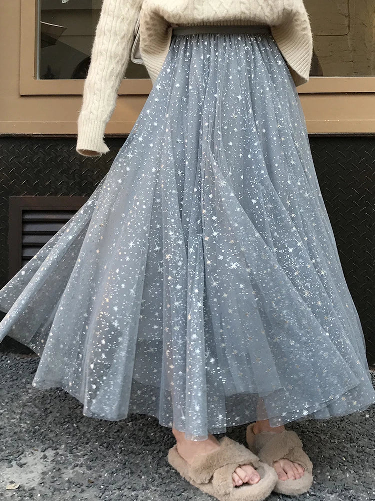 Sequin Star Gauze Skirt High Elastic Waist