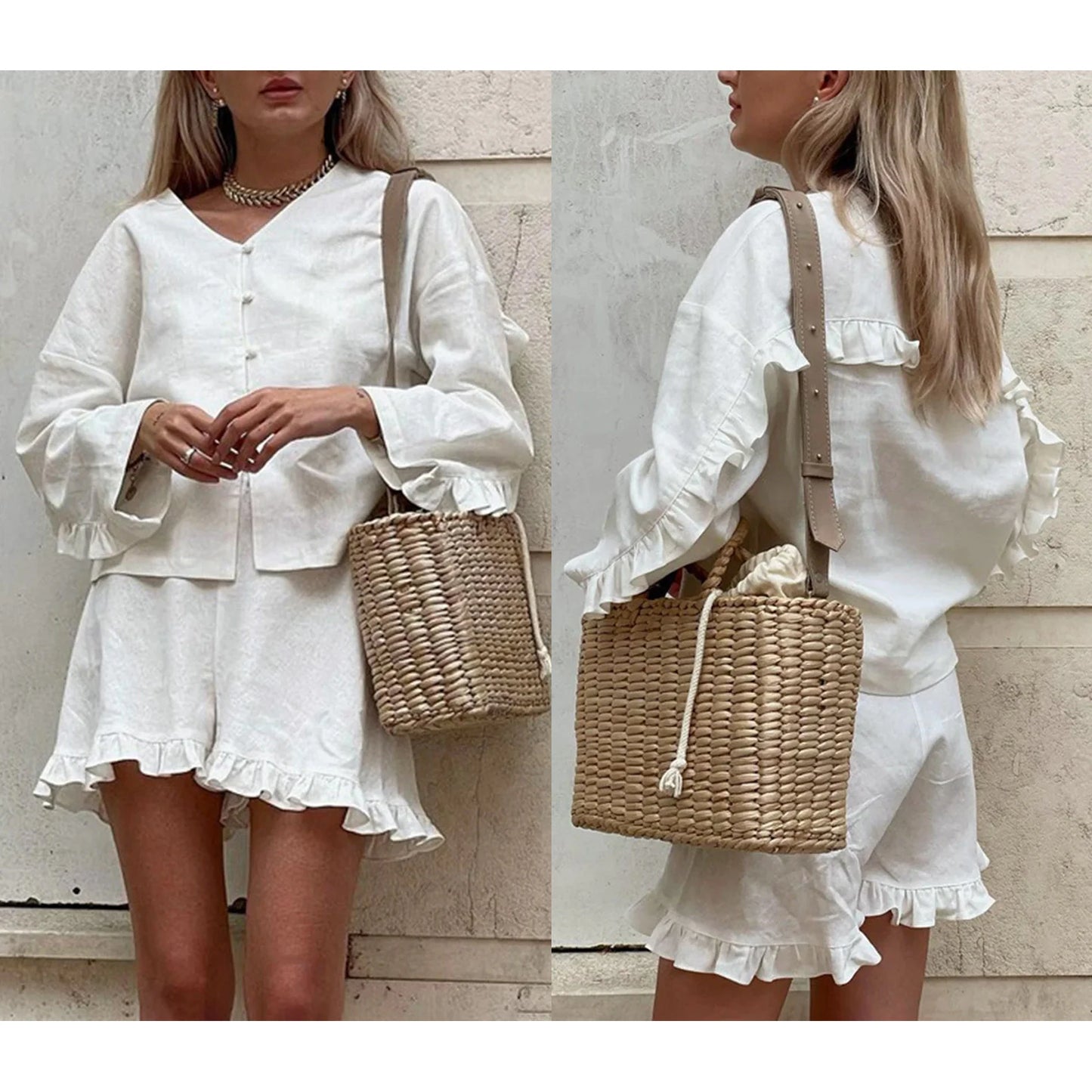 Solid Color V Neck Long Sleeve Tops Elastic Waist Ruffle Shorts 2 Piece Casual Set