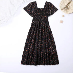 Spring Summer Chiffon Dress Women Midi Dresses Female Short Sleeve Elastic Waist Printed Floral Pleated  Casual Dress