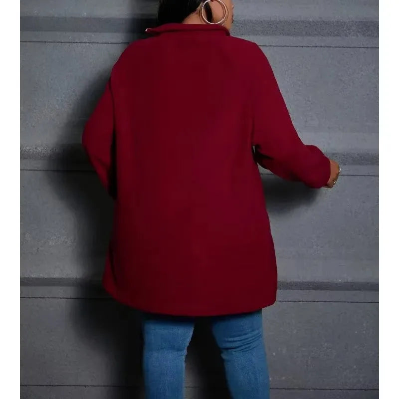Plus Size 1XL-5XL Women's Fashion Irregular High Neck Casual Sweater Zipper Loose Top Casual Solid Color
