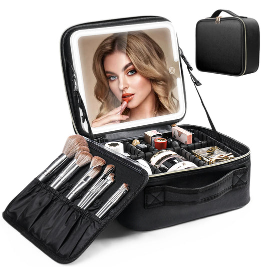 Travel Makeup Bag With LED Lighted Mirror, Makeup Case With Adjustable Dividers