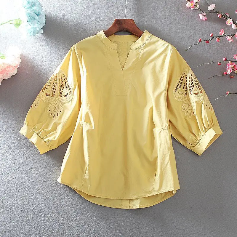 Hollow Out Loose Blouse Summer  V Neck Half Sleeve Solid Color
