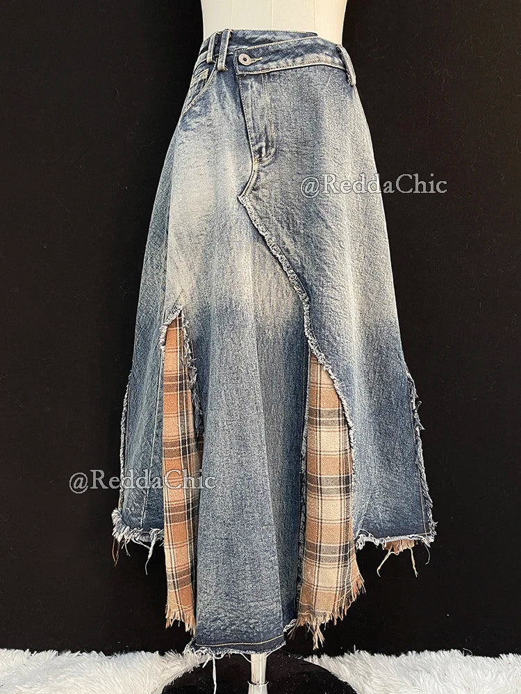 Denim Blue Ombre Asymmetrical Skirt  Retro Tartan Plaid Stitch Maxi Long Overlay
