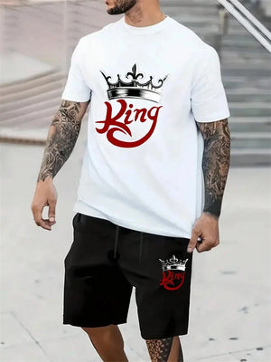 Men's Short Sleeve Shorts Set Fashion King Printed T-Shirt Shorts Sets of Casual Round Neck Breathable Sportswear
