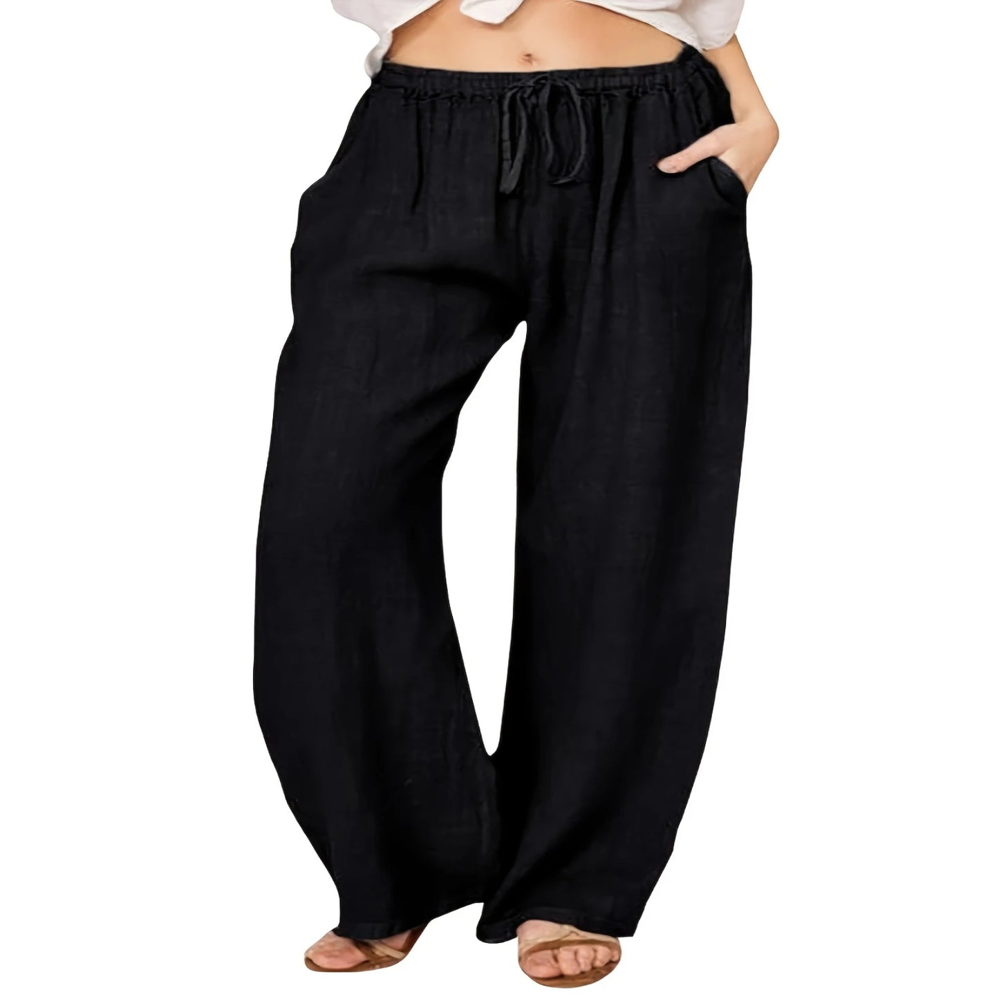 Wide Leg Pants with Drawstring - Flattering Pockets - Casual Everyday Style