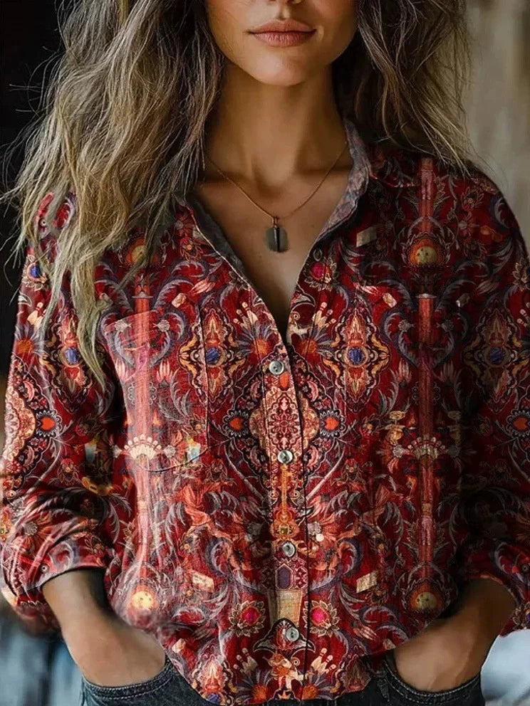 European Style  Women Long Sleeve Basic Shirts New Casual Beach Tops Blouse Ladies Bohemian Flower Print shirt