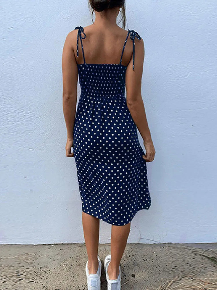 Dresses Sundress Summer Women Causal Polka Dot Sleeveless High Pleated elastic waist V-Neck Beach Dress
