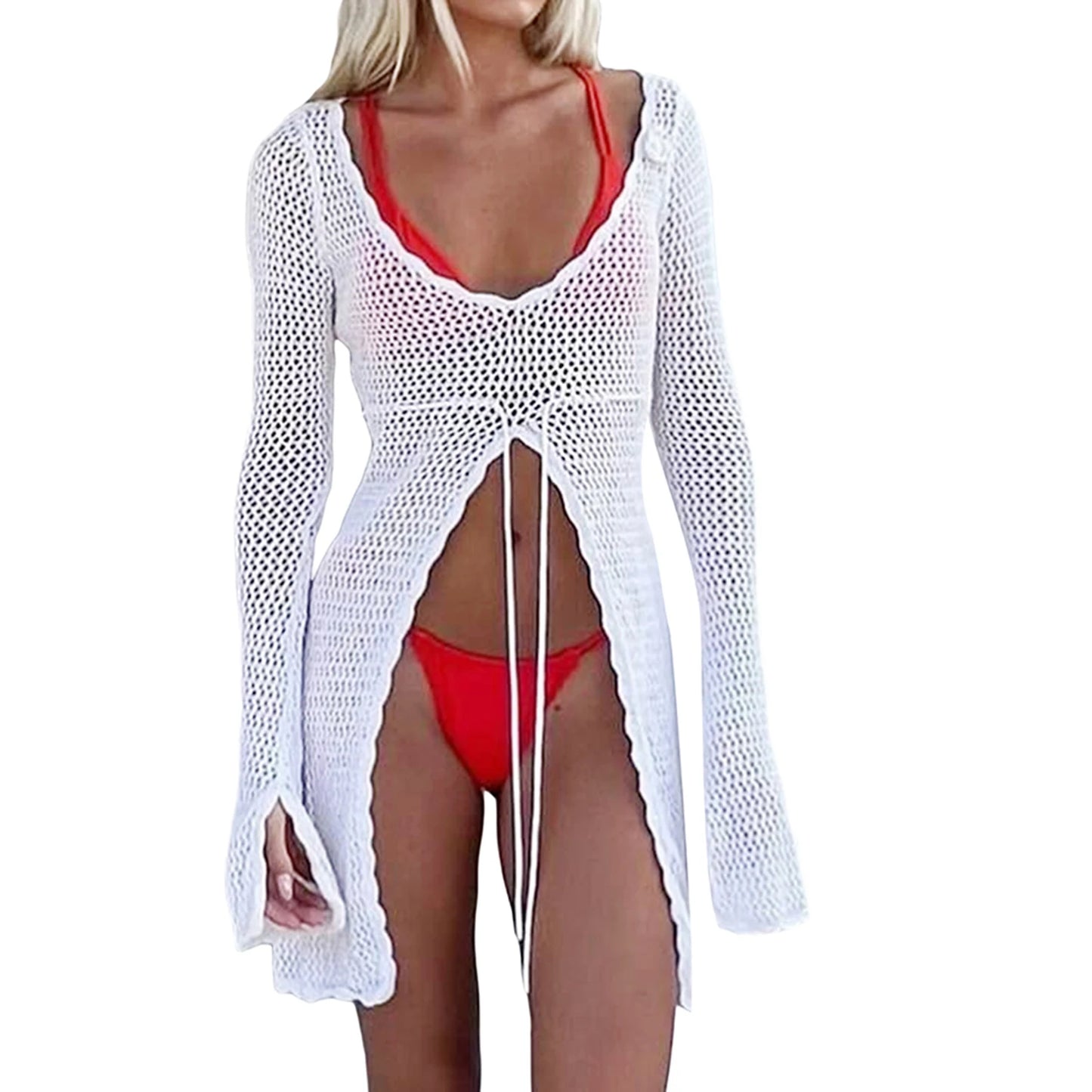 Women s Beachwear Cover Up Hollow Out Crochet Long Sleeve Tie-Up Swimsuit Coverup Solid Color Bathing Suit Cover Ups Summer