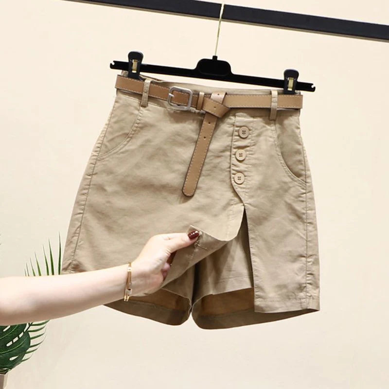 Chic Shorts Women Belt Solid Buttons Side Slit A-line Streetwear Fashion Skirts Chic Summer Loose Pants