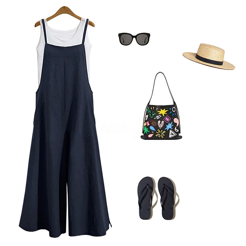 Women's Straps Jumpsuit Summer Solid Color Wide Leg Pants Dungaree Bib Overalls Casual Loose Sleeveless Cotton Linen Jumpsuits