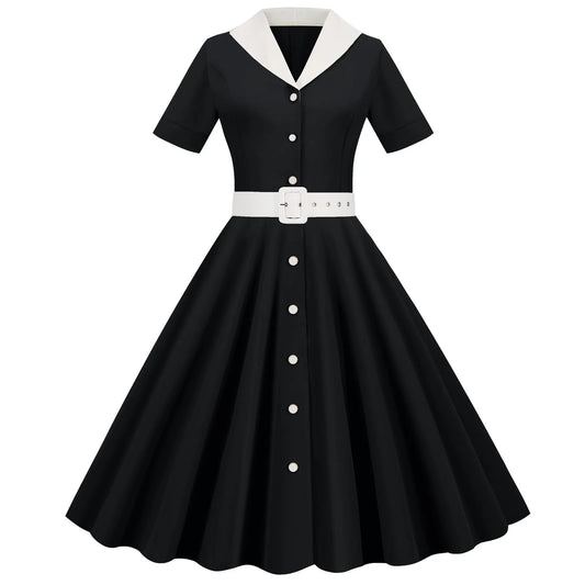 French Vintage Solid Dress Women Summer Retro 50s 60s Pin Up Rockabilly Party Dress