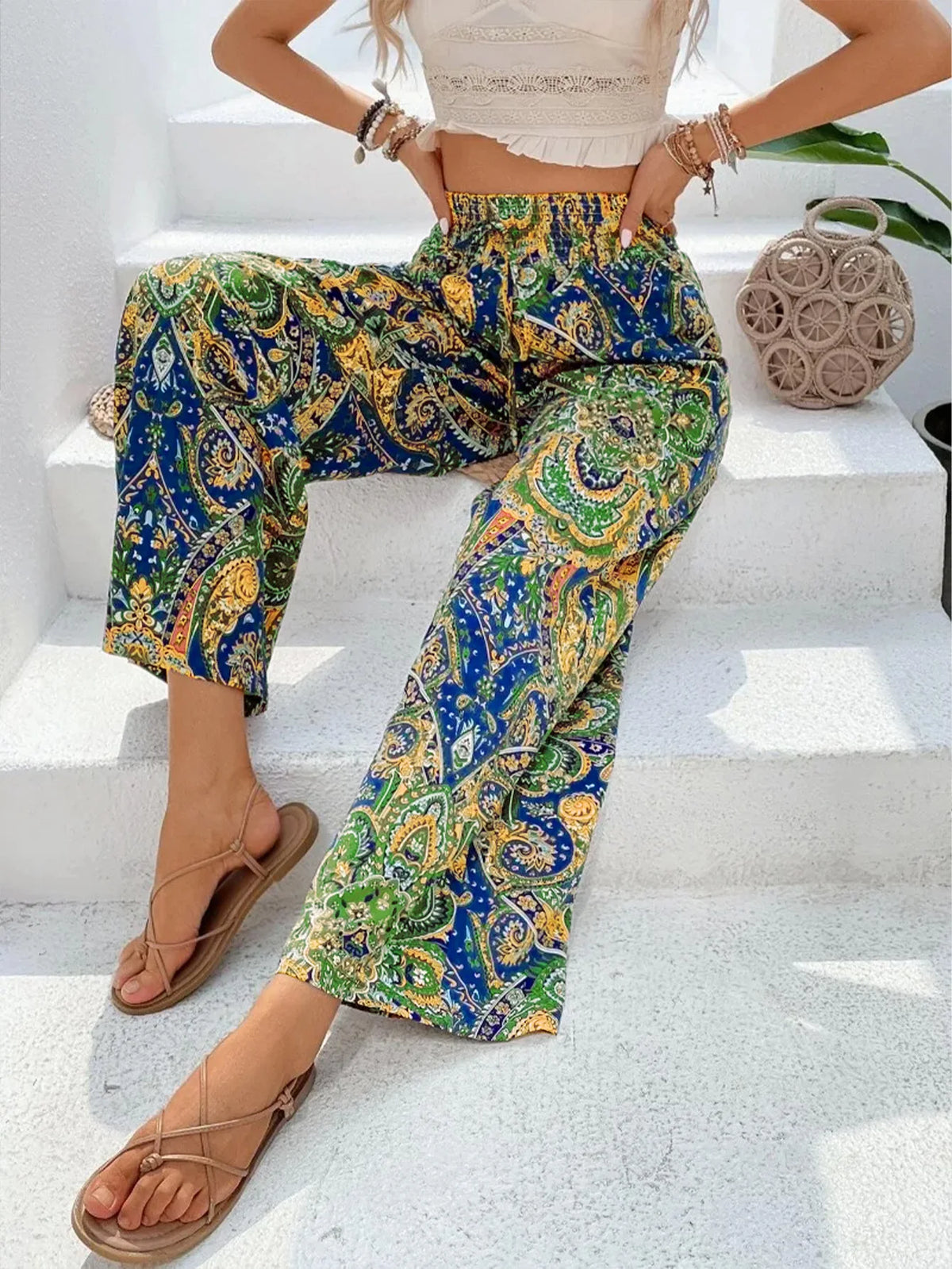 Summer Printing Wide Leg Pants for Women Straight Trouser  Fashion Elastic Waist Versatile Breathable