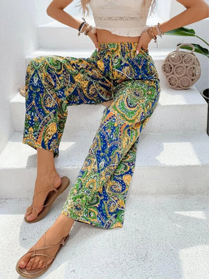 Summer Printing Wide Leg Pants for Women Straight Trouser  Fashion Elastic Waist Versatile Breathable