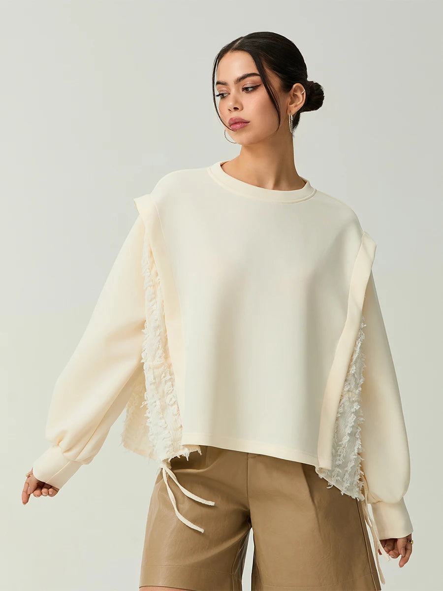 Women s Distressed  Oversized Pullover Sweater with Ribbed Crew Neck and Long Sleeves