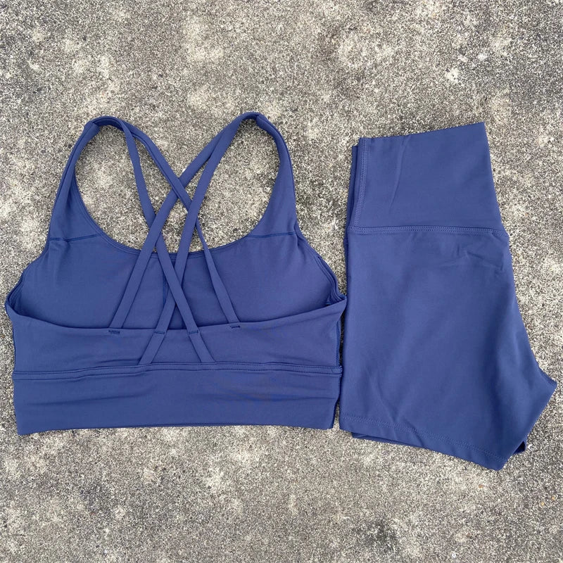 Yoga Clothes 2 Piece Gym Sports Shorts Set Women Cross Back Bra Top High Waist Shorts Fitness Suit Running Workout Tracksuit