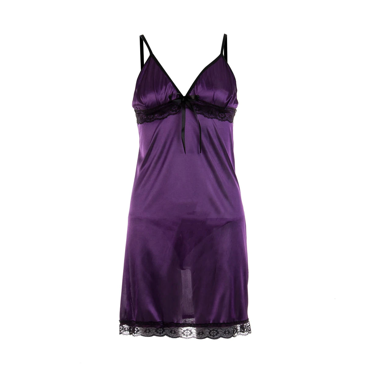 2-Piece Lingerie Set Sheer Lace Front with Bow Detail Deep V-Neck Nightgown Matching Thong Intimate