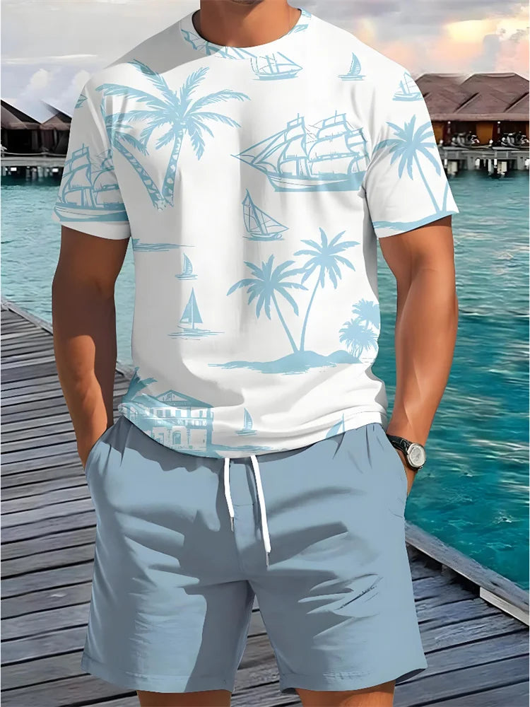 Summer Two Piece Casual Daily Men's Short sleeved Shorts Set Hawaii Printed Men's T-shirt Outdoor Sports Men's