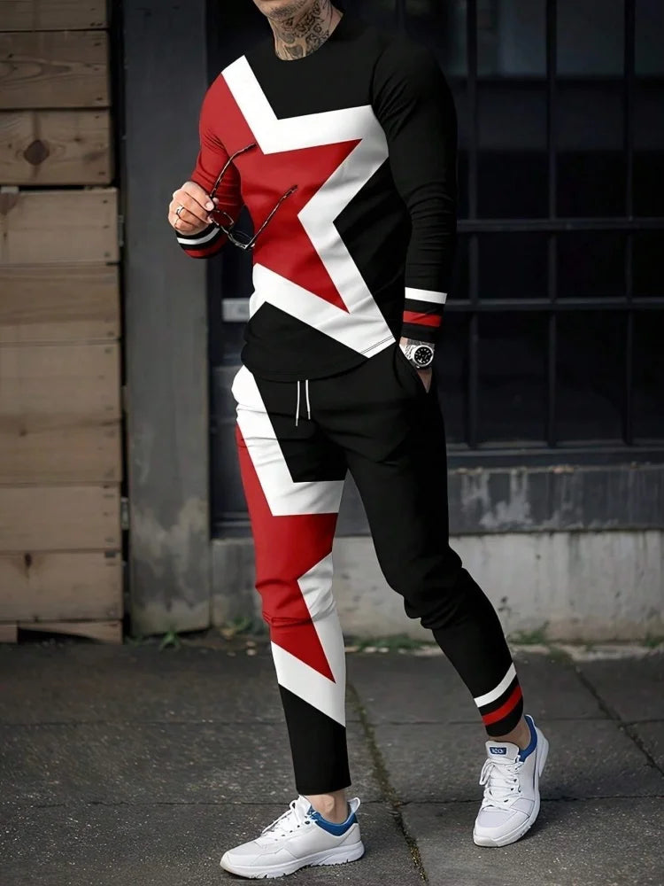 Simple Geometric Print Men's Fall Fashion Casual Crew-neck Tops And Pants Urban Street Fashion Trends Men's Tops And Long Styles