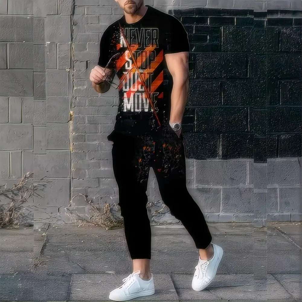 Summer King Letter 3D printed T-shirt and sports pants set for men's fashion sportswear, oversized short sleeved T-shirt and pants