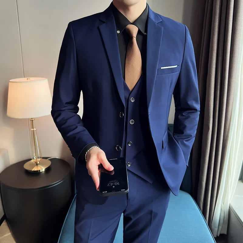Men's High-Quality 3-Piece Business Casual Wedding Suit Vest Trousers Set Handsome Fashion Banquet Clothing