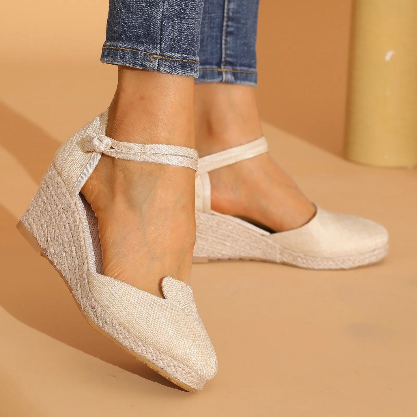 Women's Platform Wedge Linen Sandals  Versatile Braided Buckle Breathable Wedge Sandals