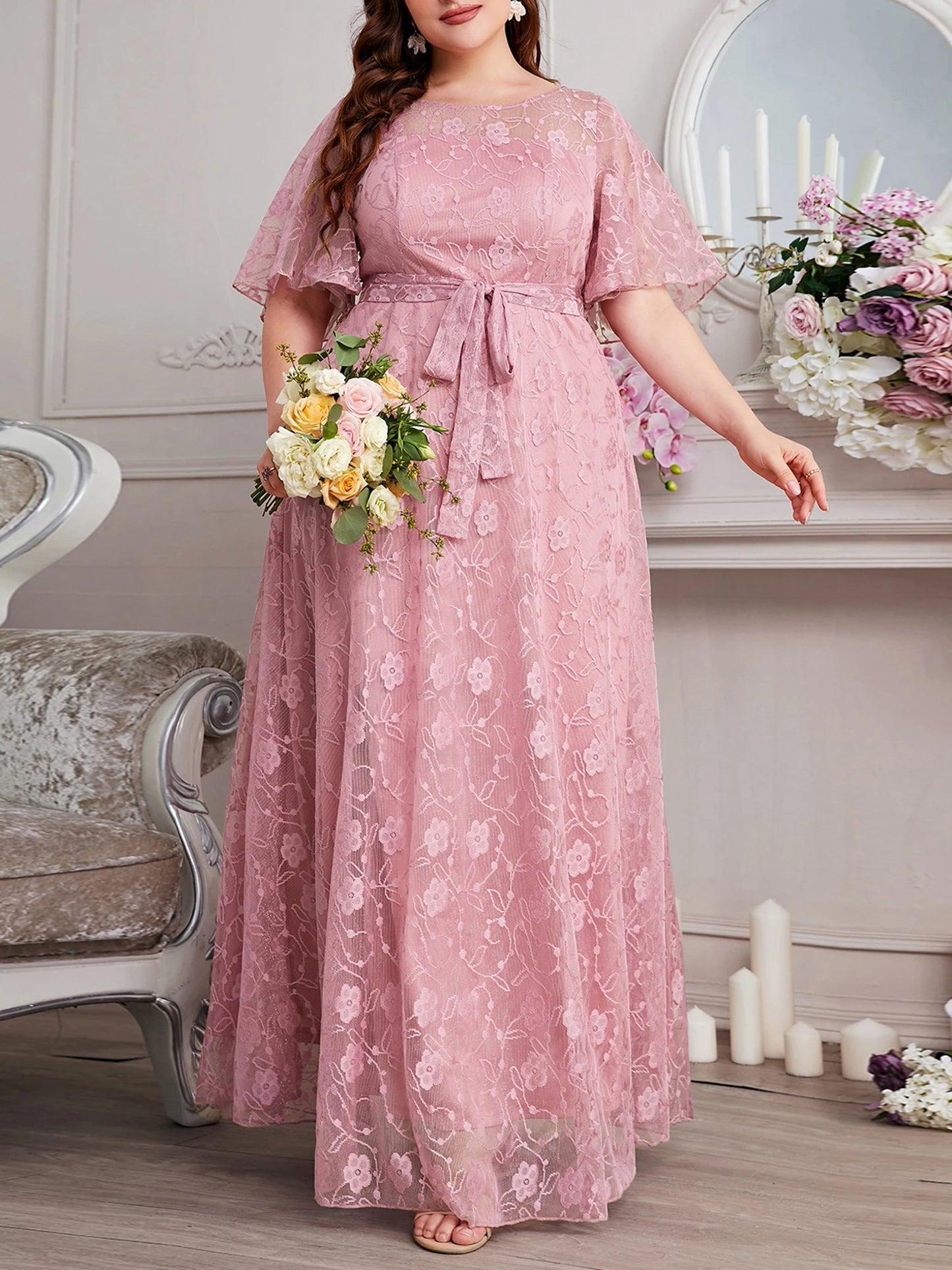 Round-Neck Short Sleeve Solid Print Maxi Dress with Belt