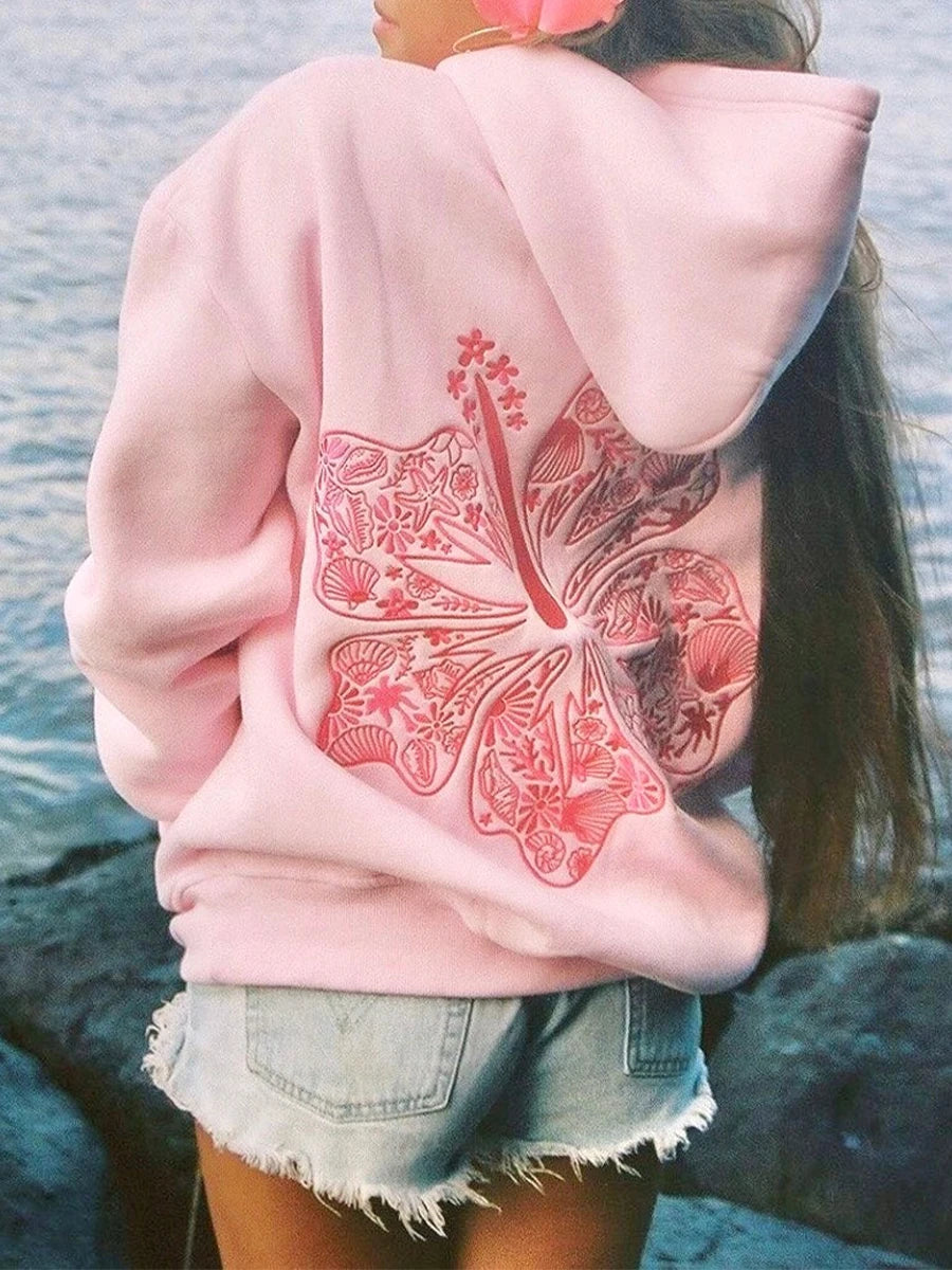 Preppy Embroidery Hibiscus Print Hoodies  Long Sleeve Oversized Graphic Pullover Sweatshirt