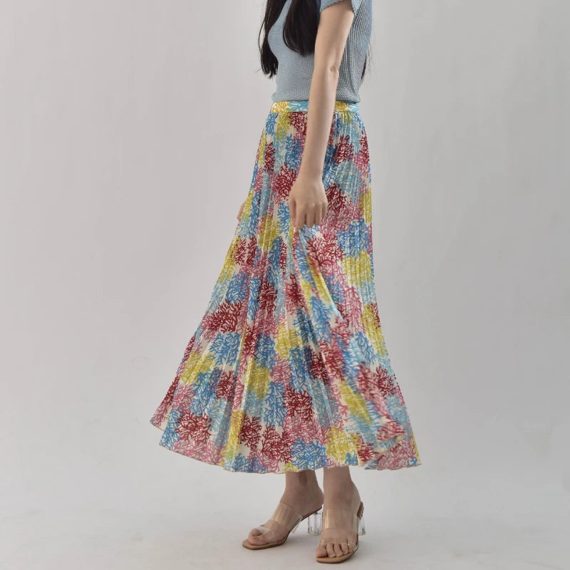 Floral Print Elastic HIgh Waist  Pleated Midi Skirt