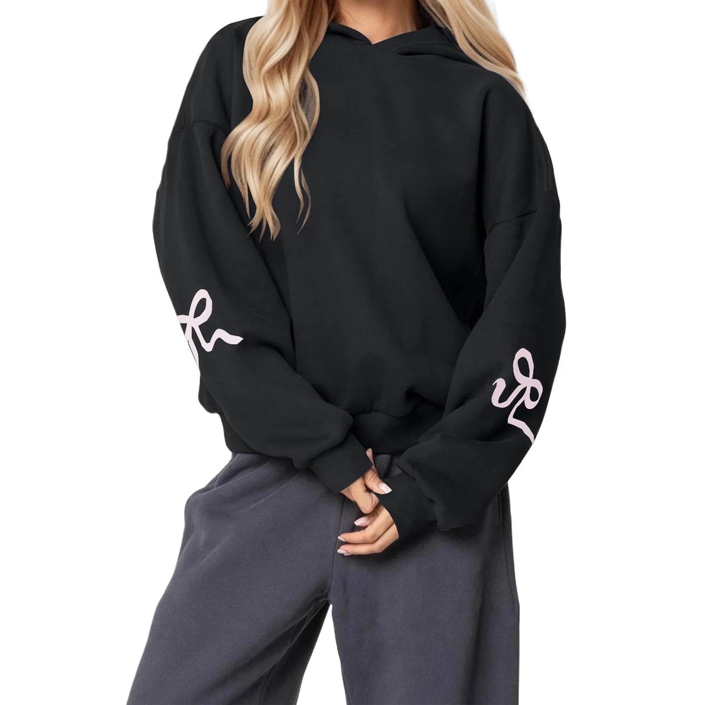 Casual Women s Oversized Hoodies with Bow Print Long Sleeve Sweatshirts Streetwear Aesthetic Tops for a Relaxed Look