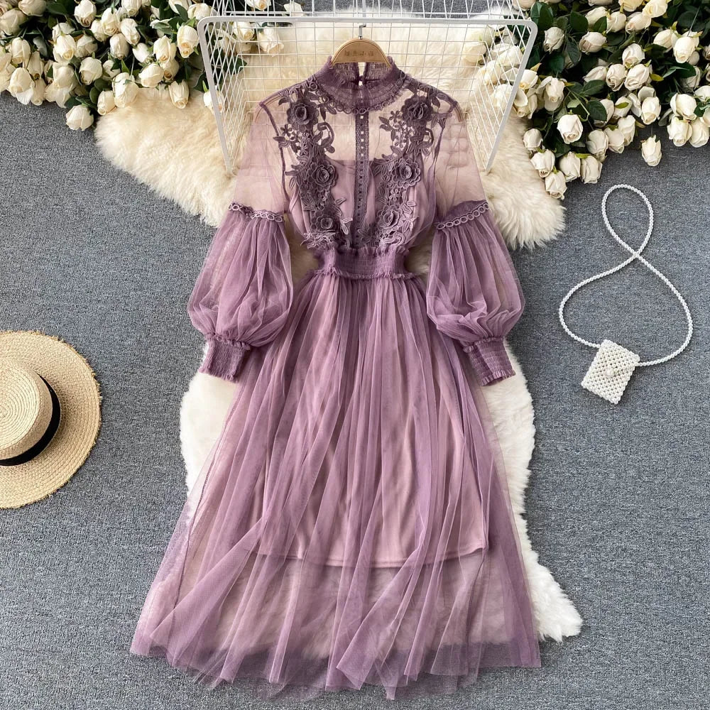 Ladies Dress Three-dimensional Flower Hook Mesh Stand Collar Lantern Sleeve High Waist Female Dresses