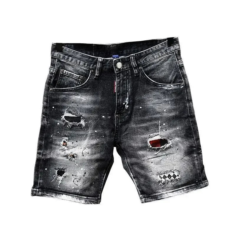 Luxury Brand Designer Clothes  Casual Denim Knee-Length Shorts  Fashion Black Patches Paint Jeans Shorts
