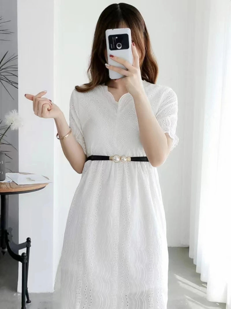Women's Thin Elastic Belt Decorative Dress Double Pearl Buckle Belt Waistband