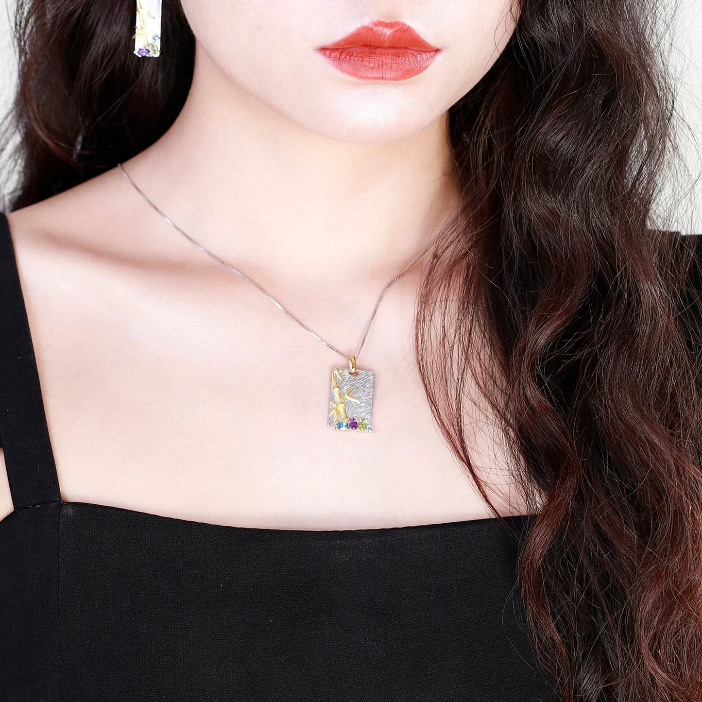 Natural Topaz Amethyst Peridot Fine Jewelry 925 Sterling Silver Handmade Bamboo Pendant Necklace