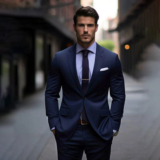 Elegant Navy Blue Solid Men Suits Two Piece Formal Notch Lapel Single Breasted Slim Fit Outfits Office Business Casual Suits