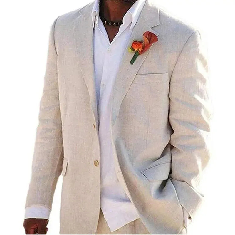 Beige Linen Men Suits Casual 2 Piece Jacket Pants Single Breasted Notch Lapel Beach Outwear High Quality Male Clothing Full Sets