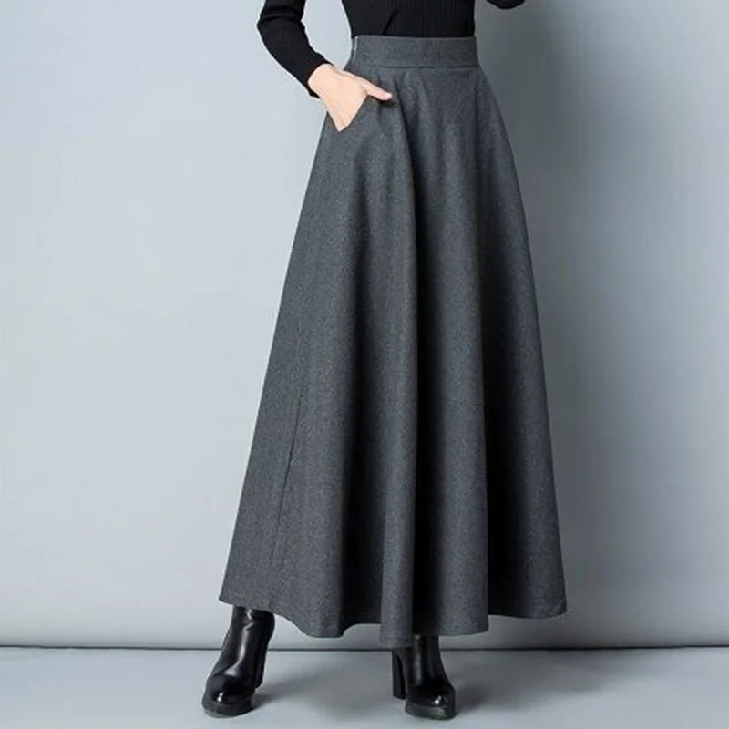 Long Woolen High Waist  A Line Thick Warm Pocket Maxi Skirt