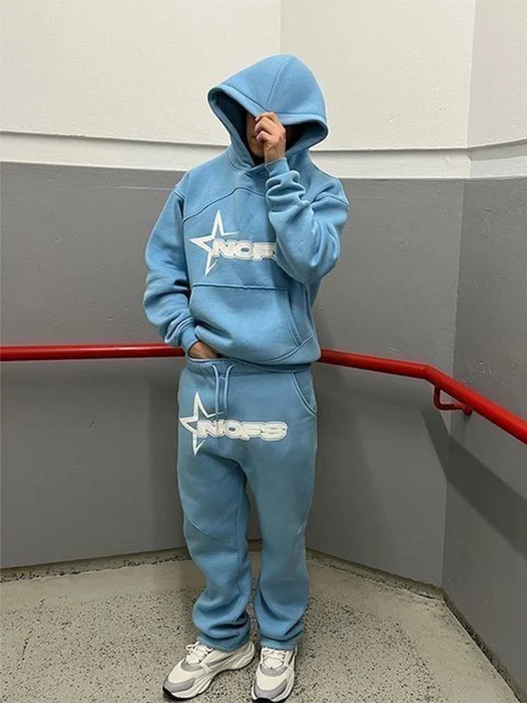 Trendy Kangaroo Pocket Hoodie And Sweatpants 2 Piece Set For Man Casual Letter Printed Outfits  Elastic Waist Pants Suit
