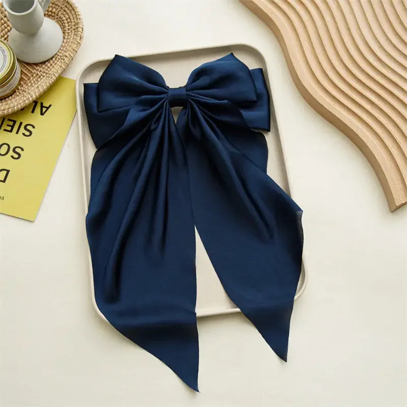 Hair Clips for Women  Big Bowknot Solid Satin Long Ribbon Bows Spring Clamp Barrette