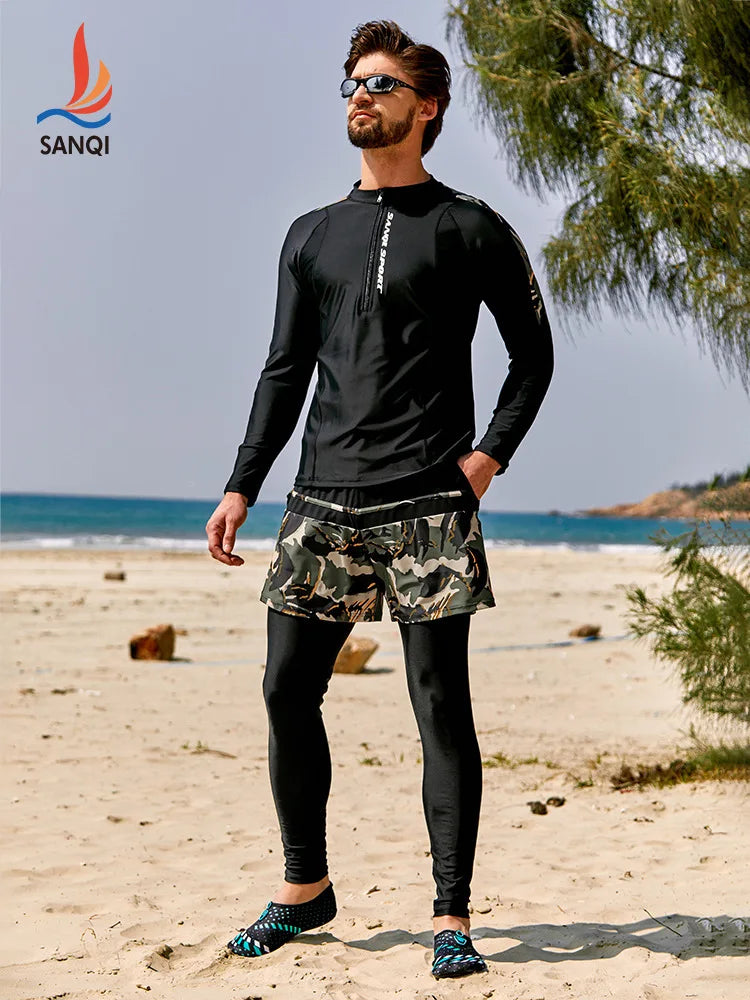 Men 3Pcs Long Sleeve Quick-Dry Water Sports Surfing Beach Rash Guard Professional WaterProof Outdoor Athletic Bathing SwimWear