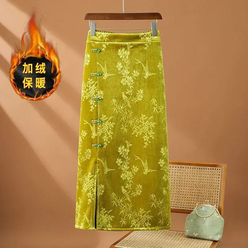 Chinese Style Vintage  High Waist  Floral Bodycon Split Skirts