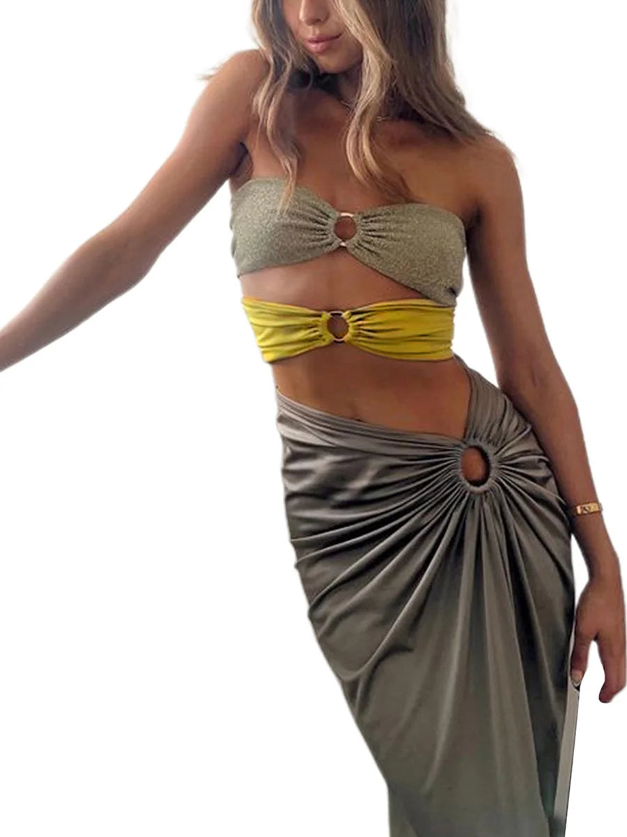 Women s Summer 2 Piece Set Off Shoulder Crop Top and High Waist Ruched Skirt Matching Outfit