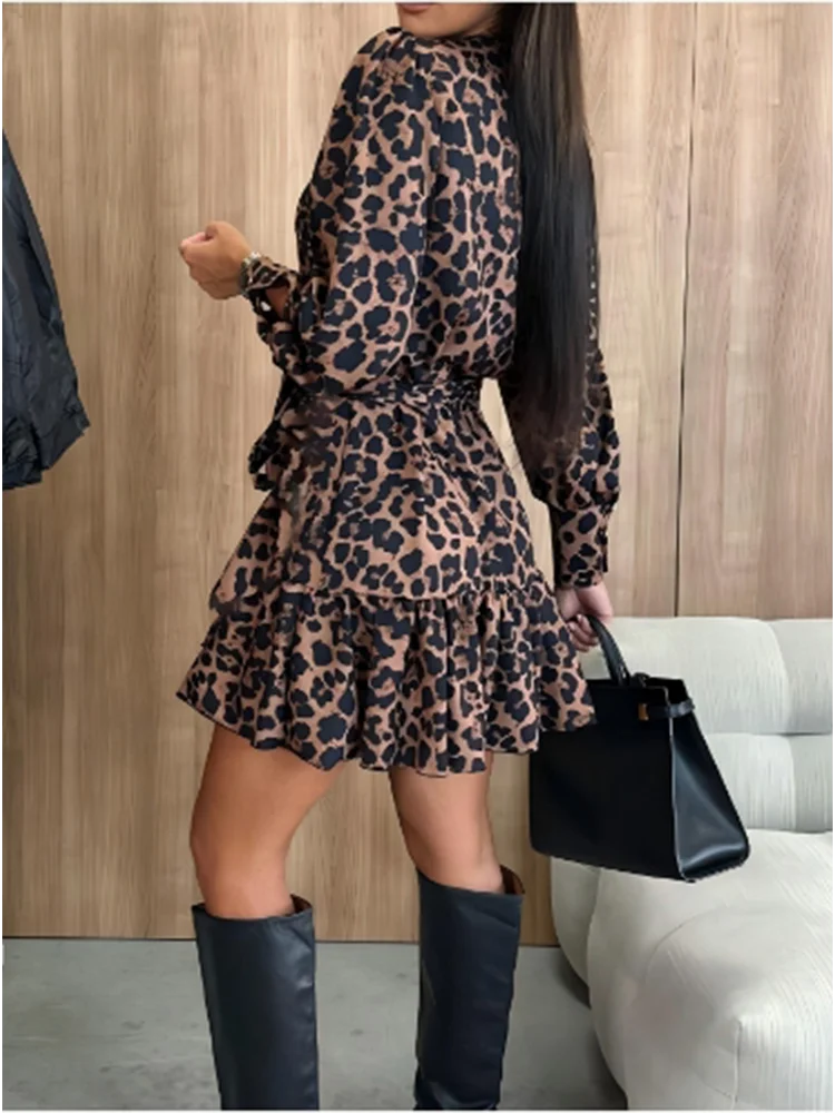 Women's Leopard Printed Dresses V-Neck Lace Up Bubble Long Sleeved Sexy Dress Elegant Dating Autumn Mini Dress