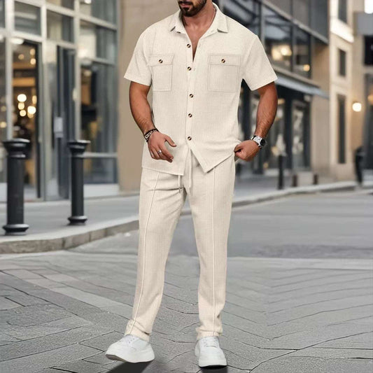 cross-border men's summer new solid color button-up pocket shirt short-sleeved trousers two-piece set