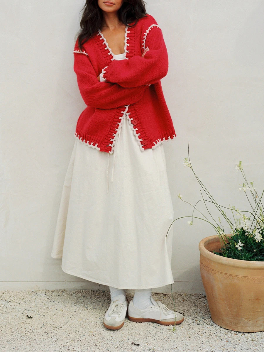 Ladies Cozy Knit Pullover Sweater with Stylish Ribbed Trim and Oversized Button Front for Chic Layering Look