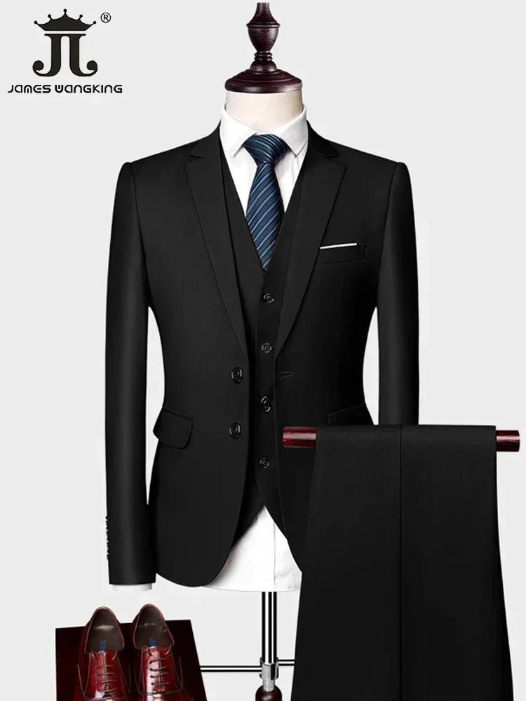 ( Jacket +Vest+ Pants ) Luxury Men's High-end Brand Solid Color Business Office Suit 3Pcs & 2Pcs Groom Wedding Party Suit Tuxedo