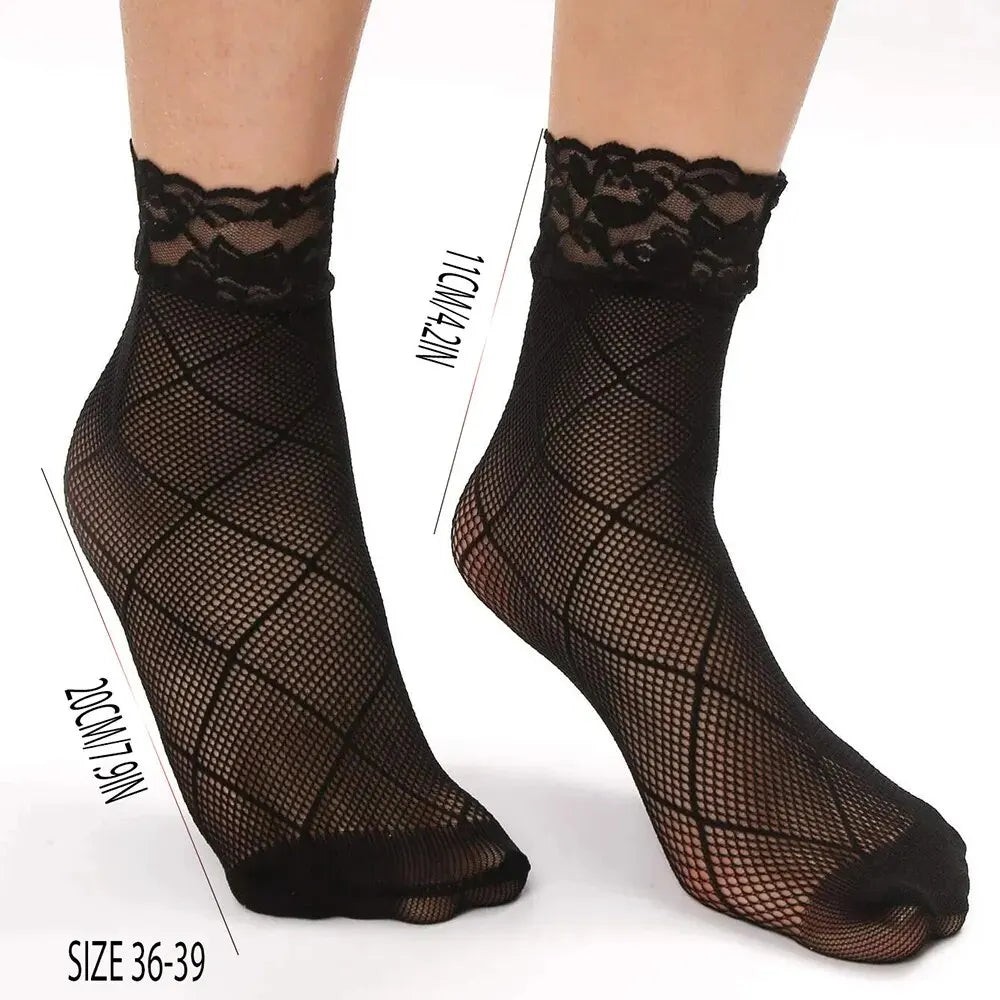 5/10/20 Pairs Vintage Lace Women's Socks Summer Mesh Elastic Transparent Ankle Socks  Women Versatile Fish Net Black Sock