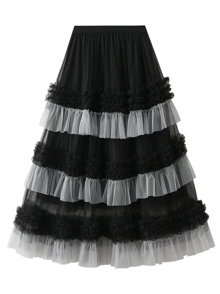 Large Swing Gauze Skirt High Waist Color Block Mesh Ruffles Layers