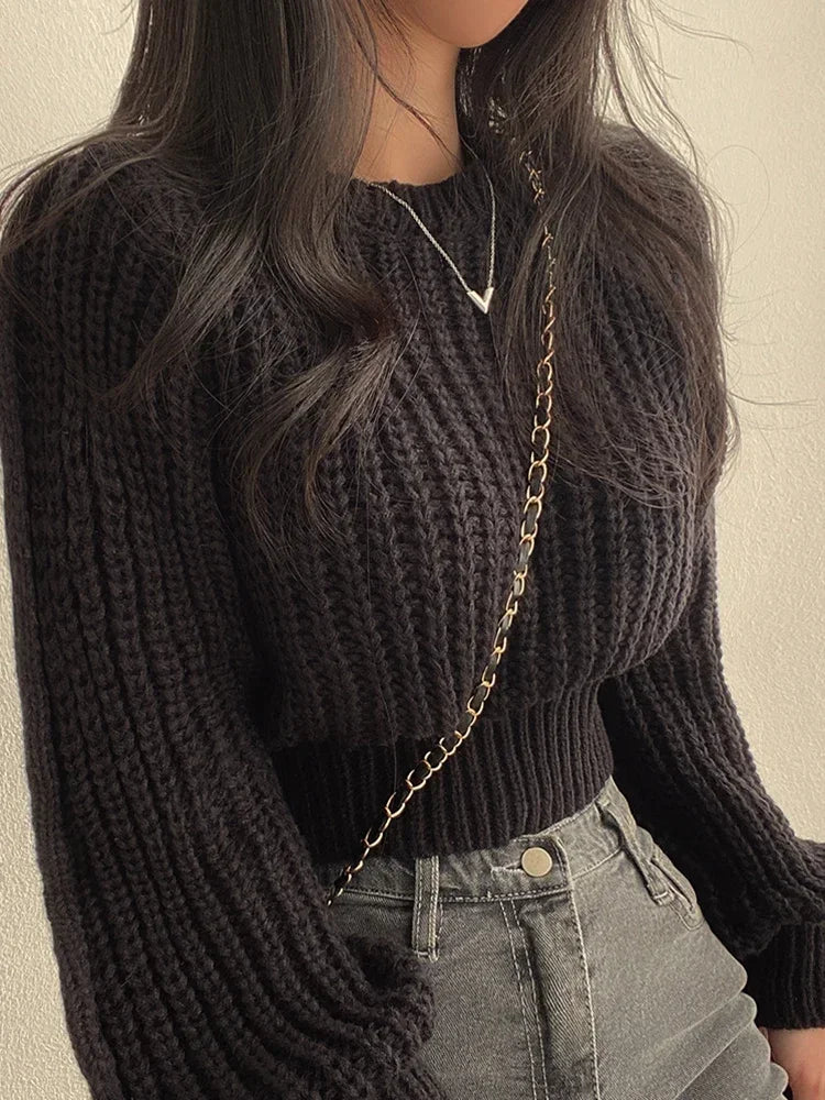Loose Vintage  Lantern Long Sleeve Women Sweater  Autumn Winter Knitwear Soft Warm Tops Chic Solid Femme Sweater