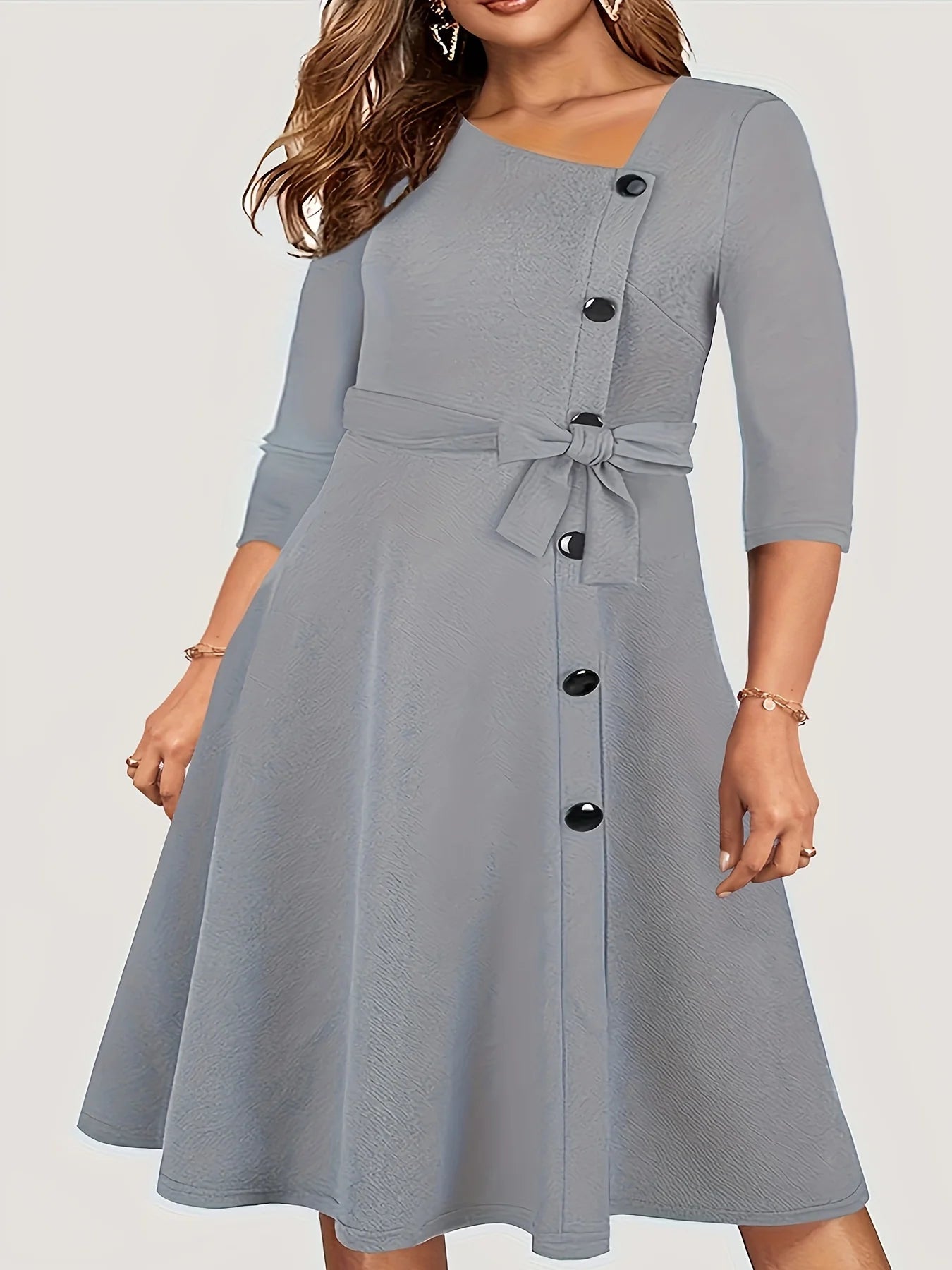 Asymmetrical Collar Casual Bow Button  Solid Color  A Line Dress Knee Length