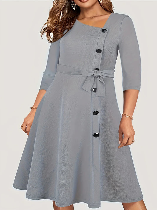 Asymmetrical Collar Casual Bow Button  Solid Color  A Line Dress Knee Length